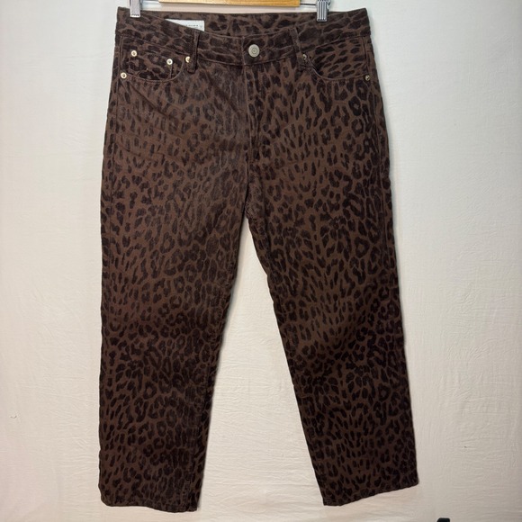 Zara Mid-RiseStraight Crop Leg Flocked Jeans Brown Animal Print Womens Size 6 - Picture 2 of 6